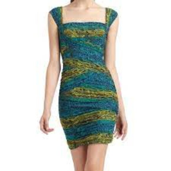 BCBGMaxAzria Ivita Blue/Green/Yellow Snake Print Ruched Bodycon Dress Size Med - Picture 2 of 8